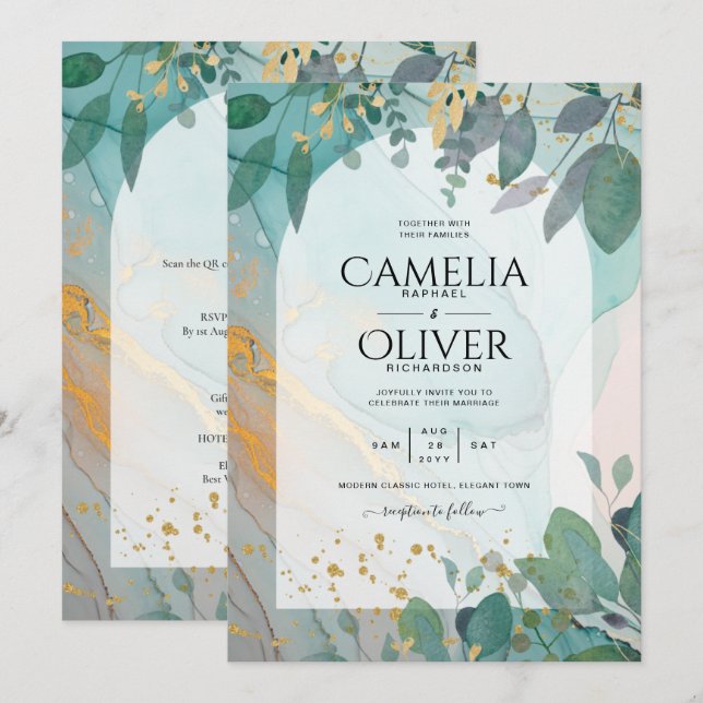 LeahG Seaglass Ink Teal Gold Greenery Wedding Inv Invitation (Front/Back)