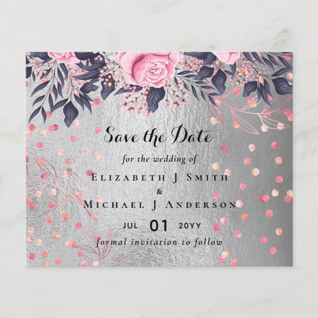 LeahG Silver Navy Rosegold PInk Floral Wedding Flyer (Front)