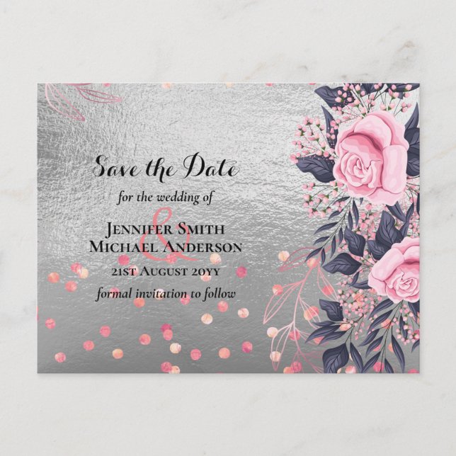LeahG Silver Navy Rosegold PInk Floral Wedding Postcard (Front)