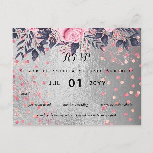 LeahG Silver Navy Rosegold PInk Floral Wedding Postcard (Front)