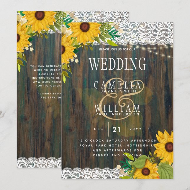 LeahG Sunflowers Wedding Rustic Wood Lace Invitation (Front/Back)