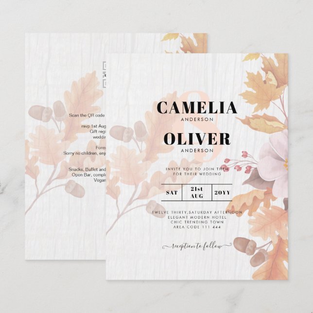 LeahG Terracotta Fall Leaves Wedding Invite (Front/Back)