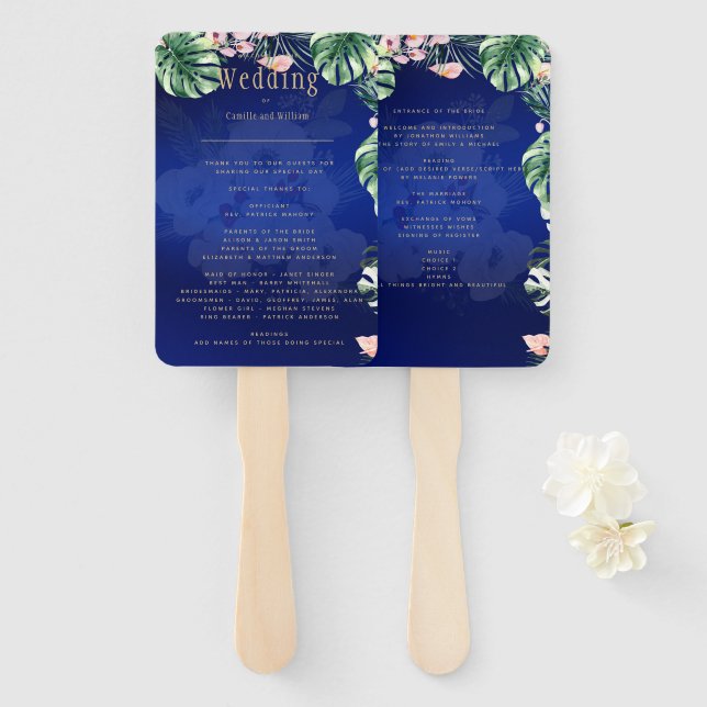 LeahG Tropical Blue Green Pink Floral Wedding Hand Fan (Front and Back)