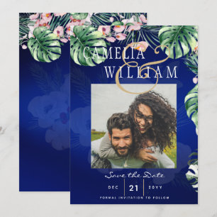 LeahG Tropical Blue Green Pink Floral Wedding Invitation