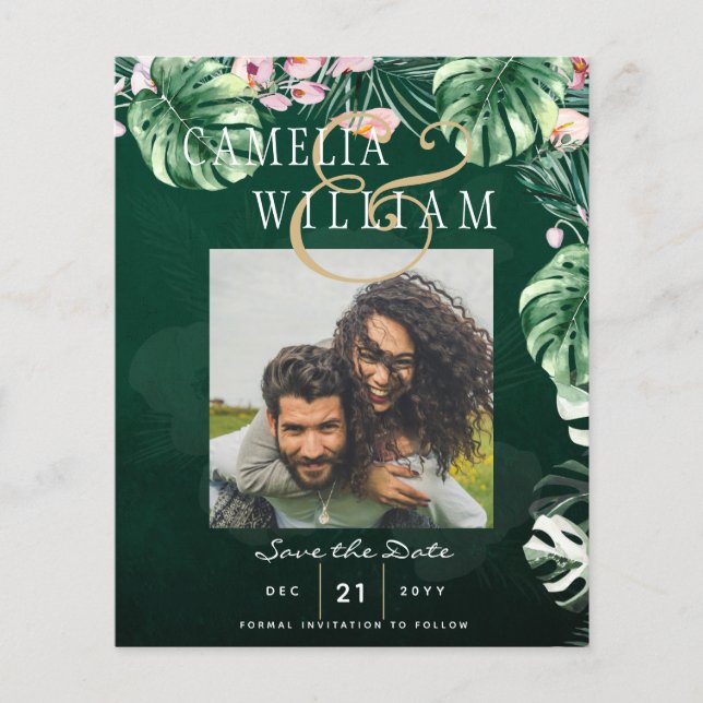 LeahG Tropical Green Pink Botanical Wedding Flyer (Front)