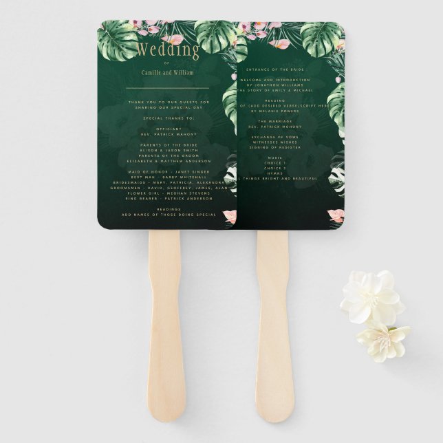 LeahG Tropical Green Pink Botanical Wedding Hand Fan (Front and Back)