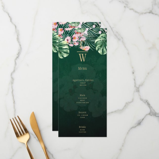 LeahG Tropical Green Pink Botanical Wedding Menu (Front/Back In Situ)