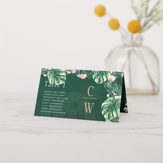 LeahG Tropical Green Pink Botanical Wedding Place Card (Front)