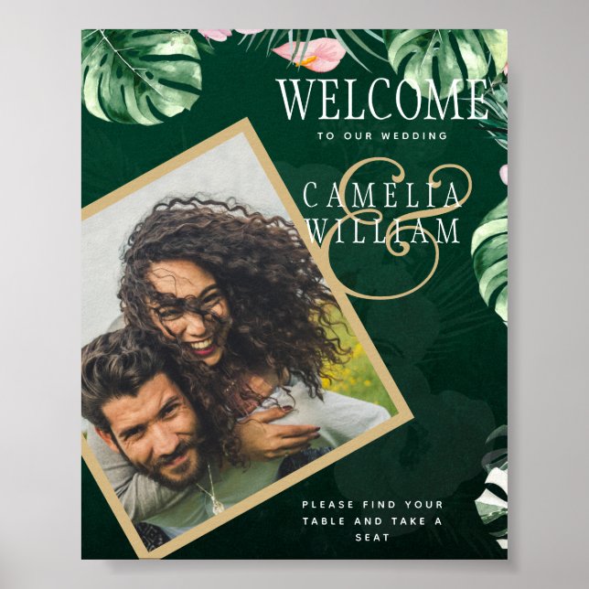 LeahG Tropical Green Pink Botanical Wedding Poster (Front)