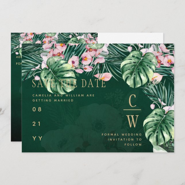 LeahG Tropical Green Pink Botanical Wedding Save The Date (Front/Back)