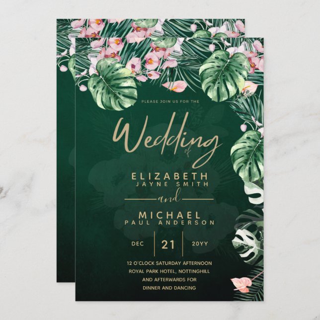 LeahG Tropical Green Pink Floral Leaf Wedding Invitation (Front/Back)