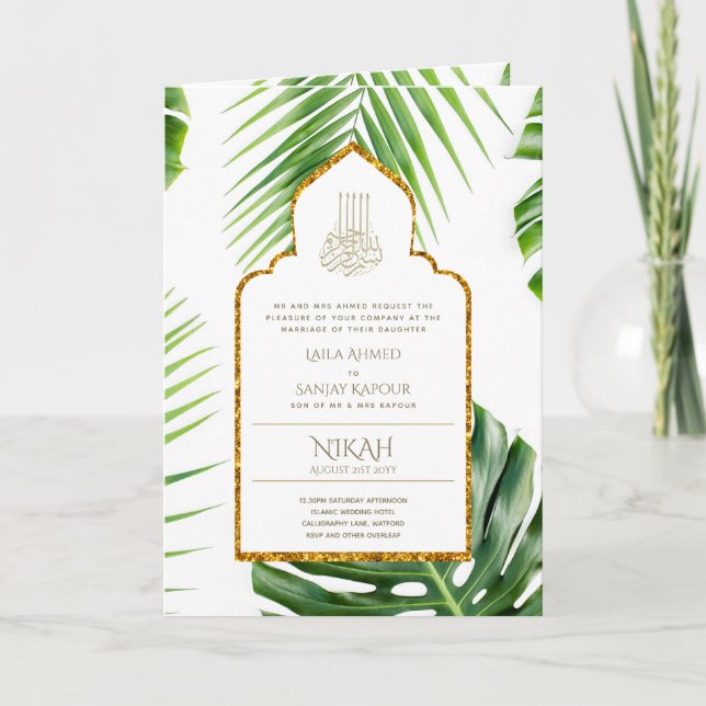 LeahG Tropical Leaf Islamic Muslim Wedding Invite  (Front)