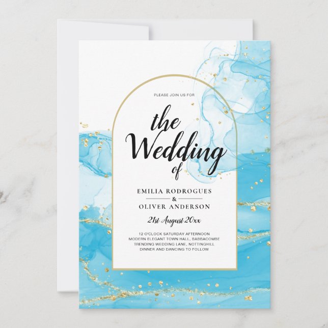 LeahG Turquoise Gold Aqua Blue Wedding INVITE (Front)