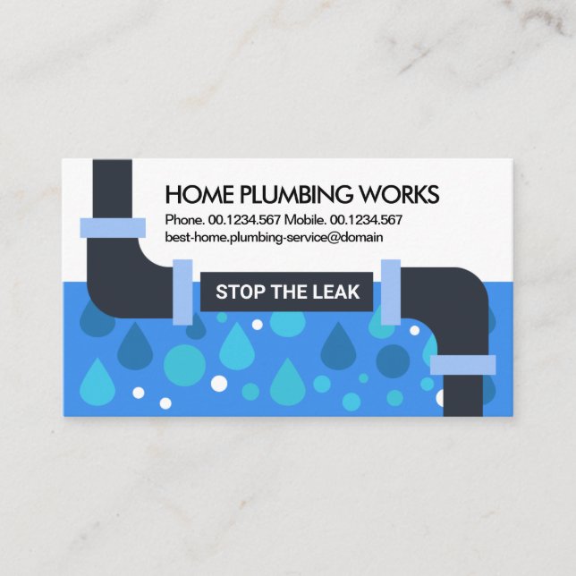 Leaking Home Piping Water Drops Plumbing Service Business Card (Front)