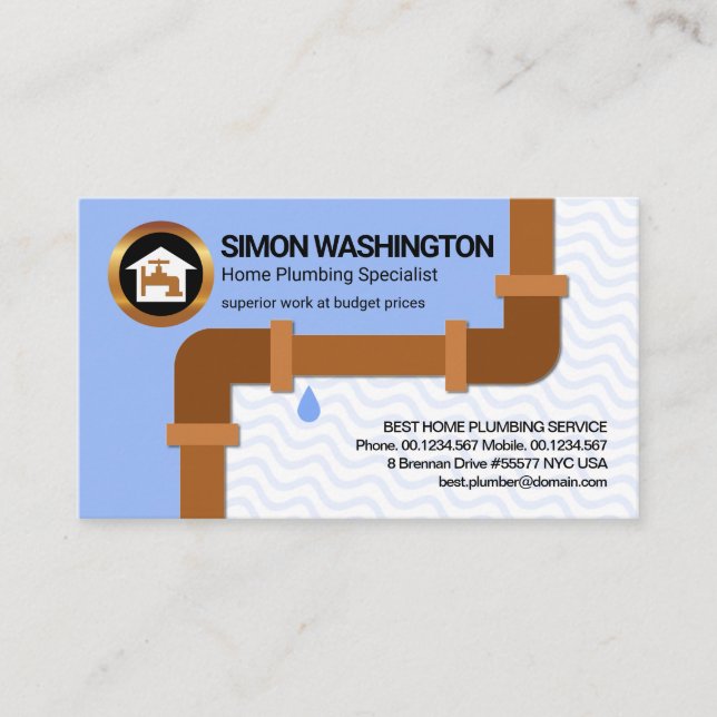 Leaking Plumbing Pipe Blue Wavy Water Pipe Fitter Business Card (Front)