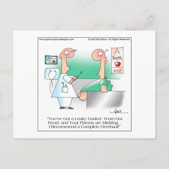 LEAKY GASKET Cartoon Postcard by April McCallum (Front)