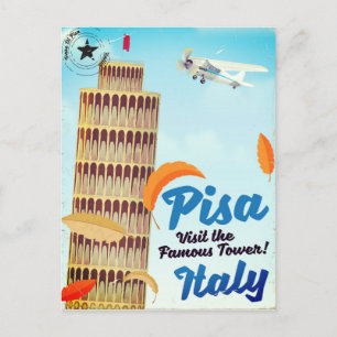 Leaning Tower of Pisa Vintage vacation print. Postcard