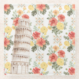 Leaning Tower Yellow Orange Flowers Glass Coaster