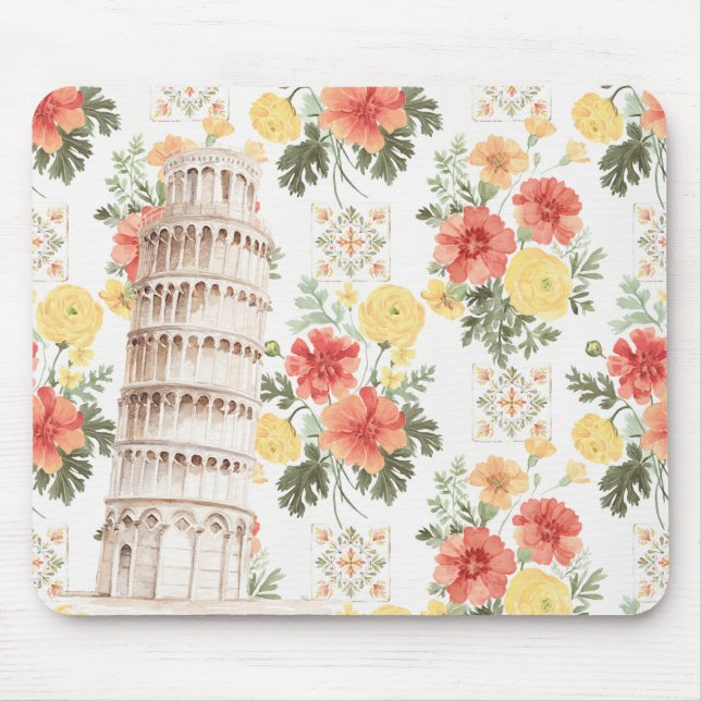 Leaning Tower Yellow Orange Flowers Mouse Mat (Front)
