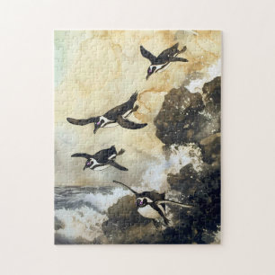 Leap into the Sea - African Penguins, Japanese Art Jigsaw Puzzle