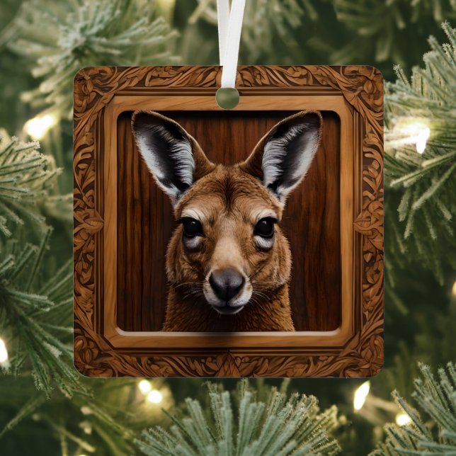 "Leap of Nature: A Kangaroo Wood Print" Metal Tree Decoration (Insitu)