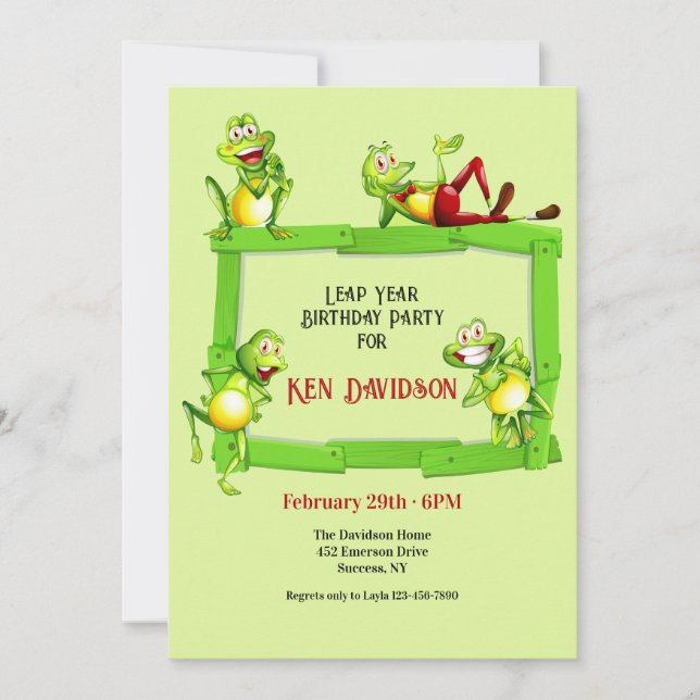 Leap Year Frog Birthday  Invitation (Front)