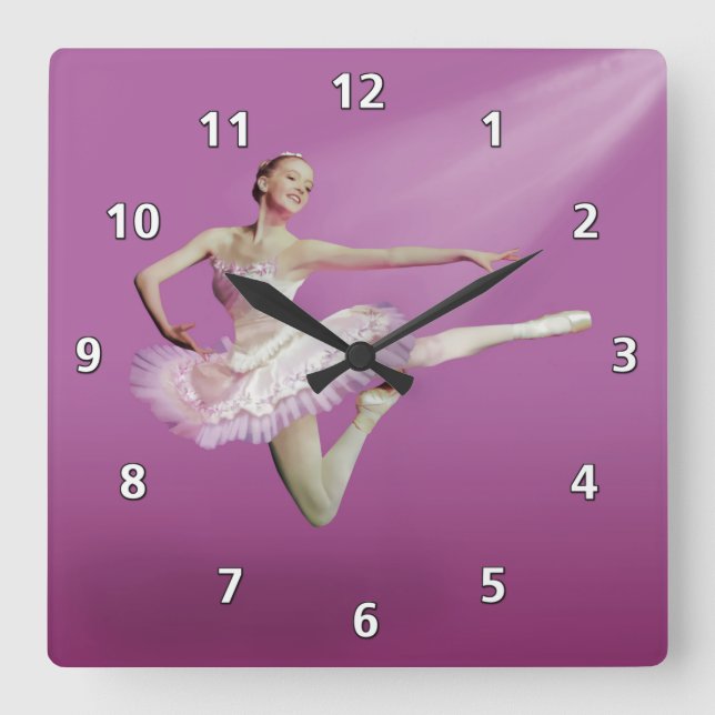 Leaping Ballerina on Pink Square Wall Clock (Front)