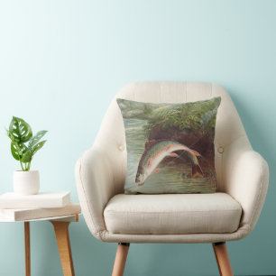 Leaping Brook Trout by S.A. Kilbourne Vintage Fish Cushion