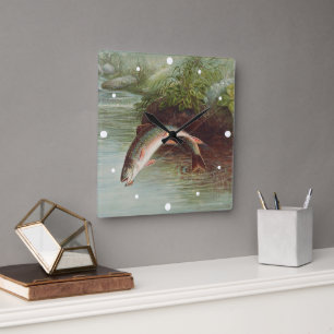 Leaping Brook Trout by S.A. Kilbourne Vintage Fish Square Wall Clock
