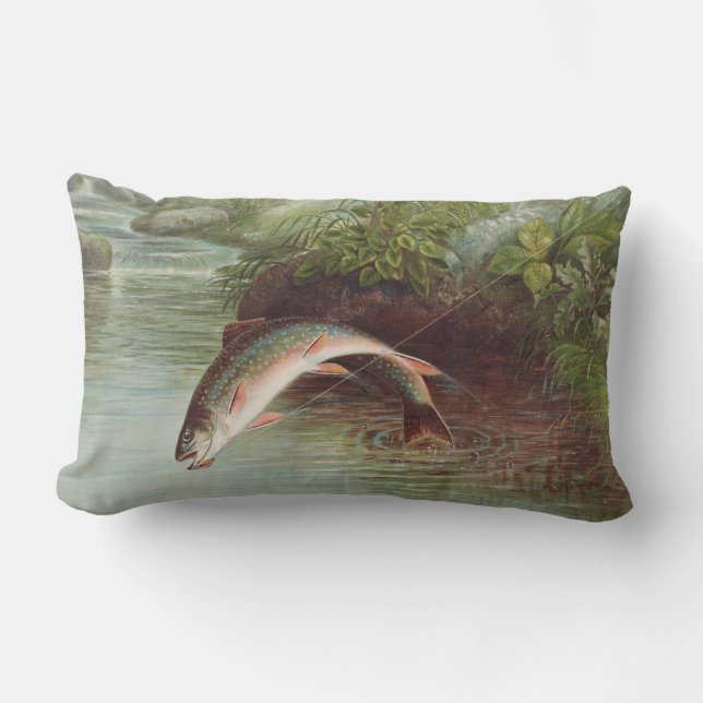 Leaping Brook Trout by Samuel Kilbourne (1874) Lumbar Cushion (Front)