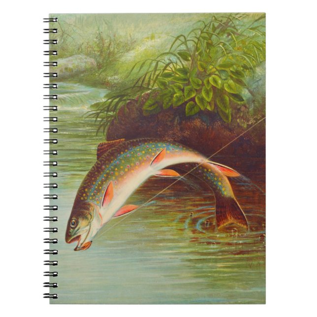 Leaping Brook Trout fish vintage illustrated Notebook (Front)