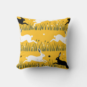 Leaping Bunny Mustard Meadow Pattern Cushion
