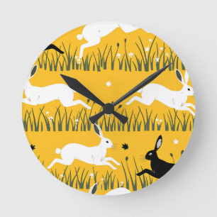 Leaping Bunny Mustard Meadow Pattern Round Clock