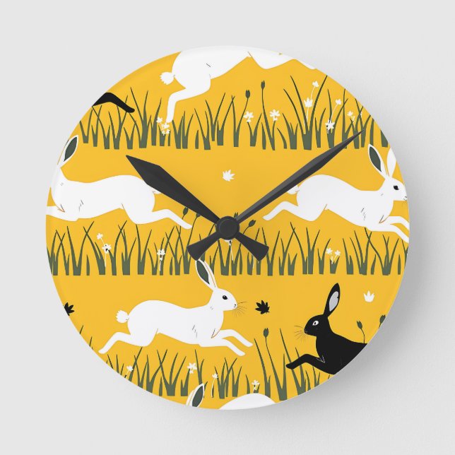 Leaping Bunny Mustard Meadow Pattern Round Clock (Front)