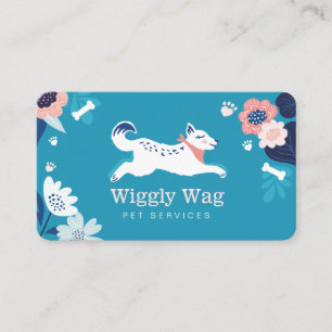 Leaping Dog Floral Botanical Blue Pet Services Business Card