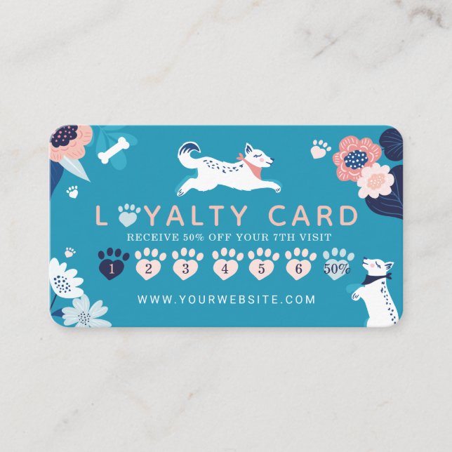 Leaping Dog Floral Pet Care& Grooming Blue Loyalty Business Card (Front)