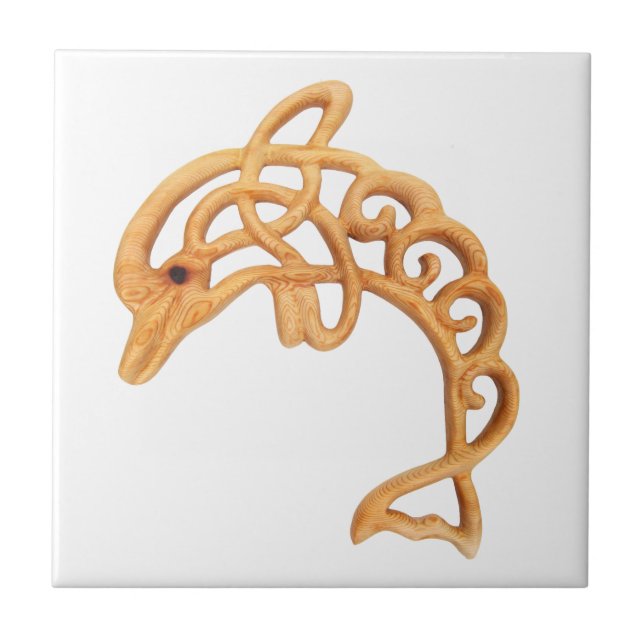 Leaping Dolphin Art, Celtic Knot Wood Carved Image Tile (Front)