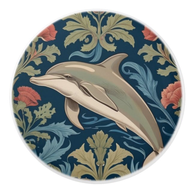Leaping Dolphin William Morris style Left facing Ceramic Knob (Front)