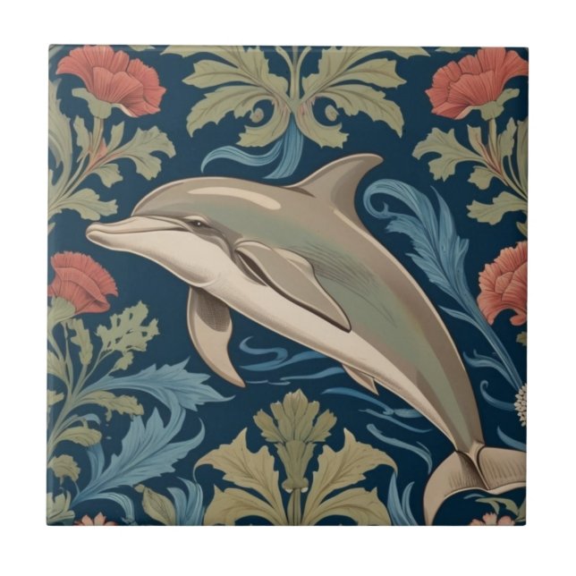 Leaping Dolphin William Morris style Left facing Tile (Front)