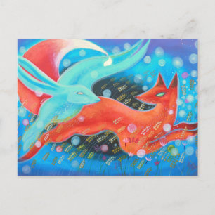 Leaping Fox with Hare. Postcard
