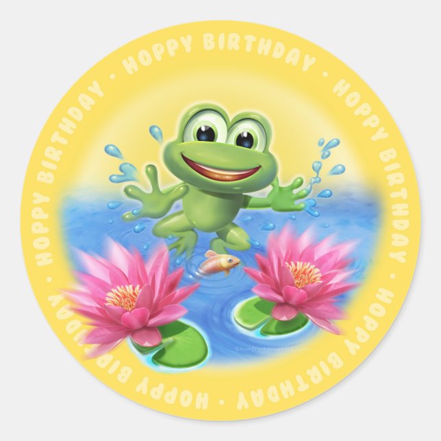 Leaping Frog birthday party glossy sticker (Front)
