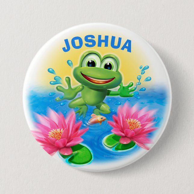 Leaping frog custom name birthday party badge (Front)