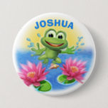 Leaping frog custom name birthday party badge<br><div class="desc">Leaping frog custom name birthday party badge. For birthdays or simply to brighten up your child's world. One of my favourite illustrations. This little leaping frog loves birthdays and parties so much that he's jumping right out of the picture. Perfect for any kid's party ware, you'll find her on cards,...</div>