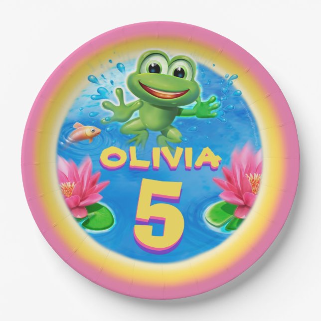 Leaping Frog CUSTOM paper party plate 9 inch. (Front)