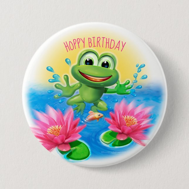 Leaping frog Hoppy birthday party badge (Front)