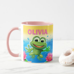 Leaping frog party custom NAME combo mug pink