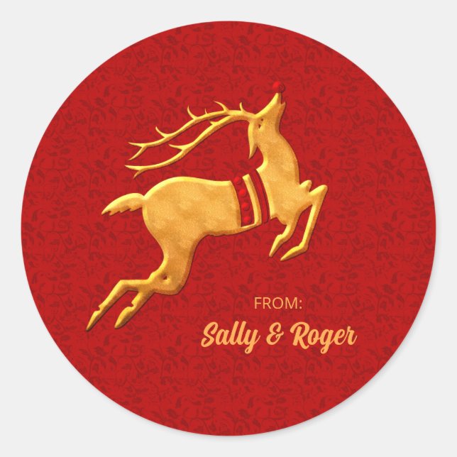 Leaping Golden Reindeer on Red Holiday Classic Round Sticker (Front)