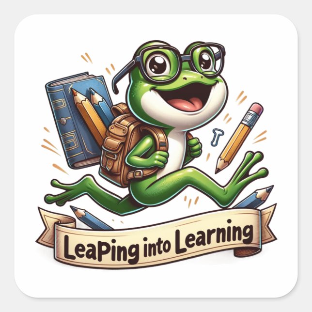 Leaping Into Learning Green Frog with Glasses  Square Sticker (Front)