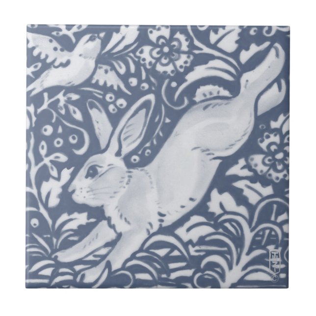 Leaping Rabbit Blue White Botanical Dedham Delft C Tile (Front)