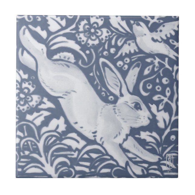 Leaping Rabbit Blue White Botanical Dedham Delft Tile (Front)